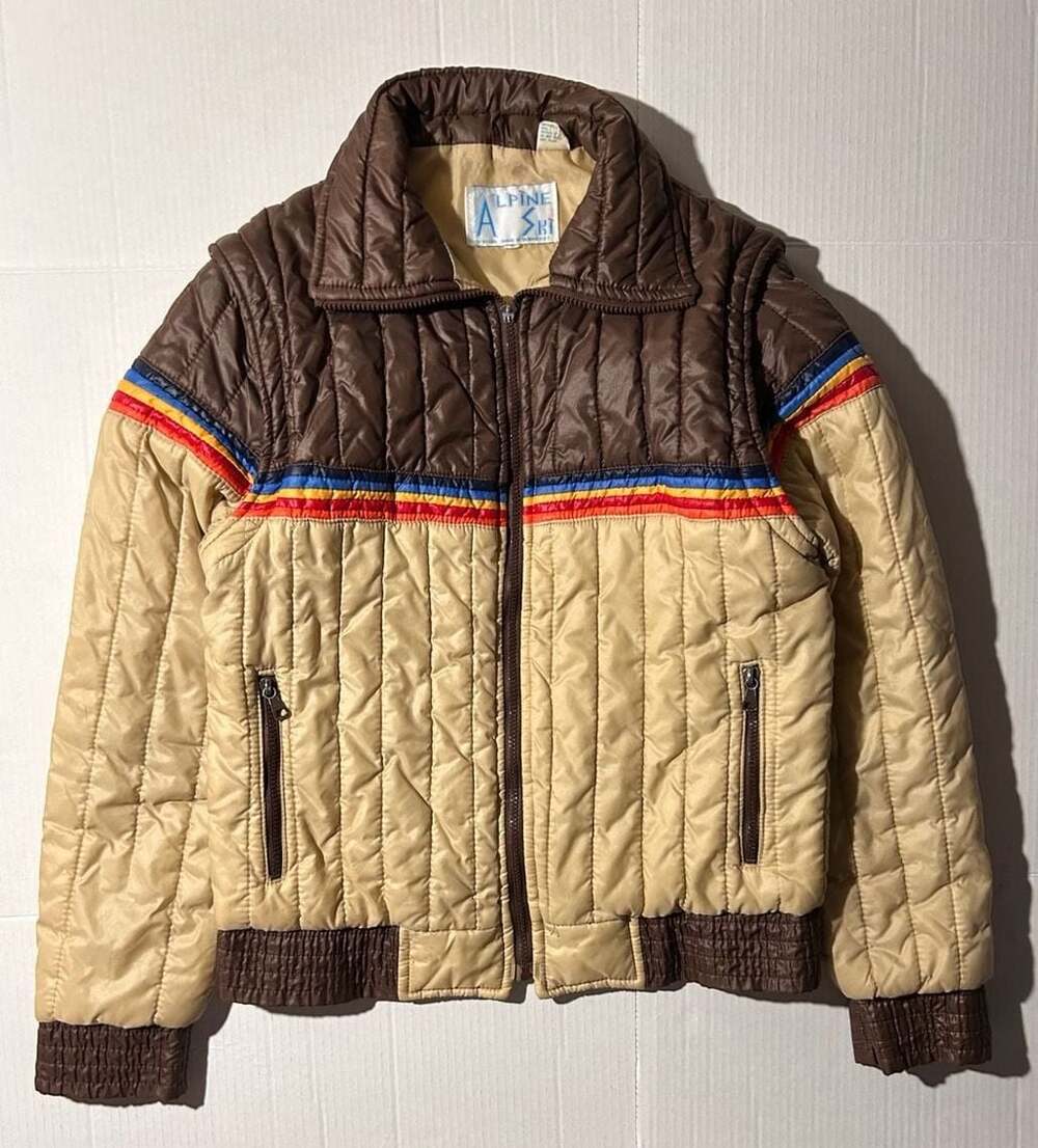 VTG 80s Alpine Ski Rainbow Striped Convertible Sleeve Quilted Puffer Jacket Vest